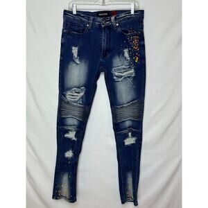 Makobi Men’s 32x32 Blue Cape Biker Streetwear Denim Dark Wash Jeans M1783